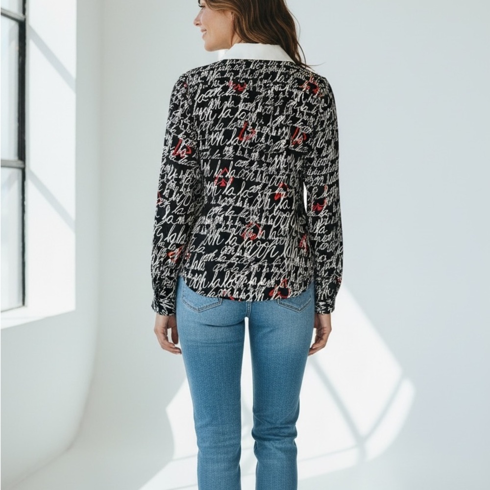 Kate Spade Black and White Script with Red Hearts Blouse - Picture 3 of 9